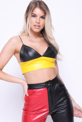 Panel de contraste Faux Foux Leather PU Cort Top