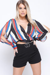 Multi Coloured Stripes Wrap Front Crop Top