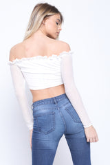 Ruched Mesh Bardot Crop Top