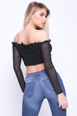 Ruched Mesh Bardot Crop Top