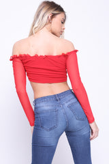 Ruched Mesh Bardot Crop Top