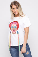 Applique Girl Face T-Shirt With Tassels
