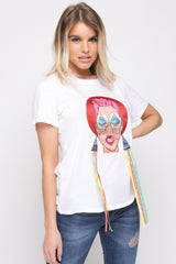 Applique Girl Face T-Shirt With Tassels