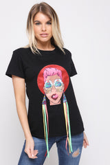 Applique Girl Face T-Shirt With Tassels
