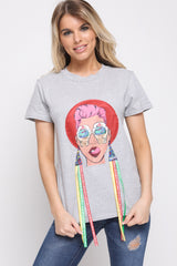 Applique Girl Face T-Shirt With Tassels