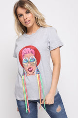 Applique Girl Face T-Shirt With Tassels