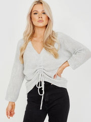 Ruched Drawstring Front Knitted Top