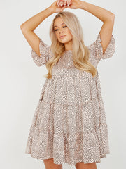 Spot Print Frill gestufte Smock -Kleid