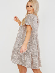 Spot Print Frill gestufte Smock -Kleid