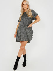 Spot Print Frill gestufte Smock -Kleid