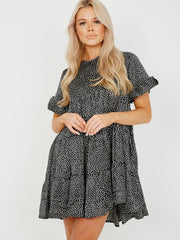 Spot Print Frill gestufte Smock -Kleid