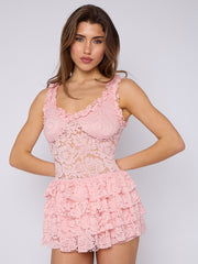 Spitzendetail hoher Nacken -Langarmplaysuit (Kopie)