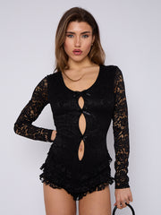 Lace Frill Detail Open Back Long Sleeve Playsuit
