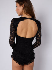 Lace Frill Detail Open Back Long Sleeve Playsuit