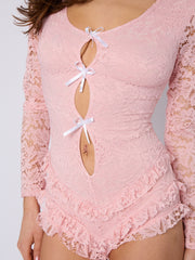 Lace Frill Detail Open Back Long Sleeve Playsuit
