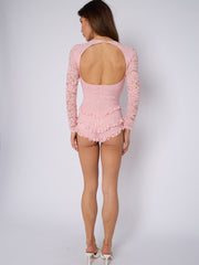 Lace Frill Detail Open Back Long Sleeve Playsuit