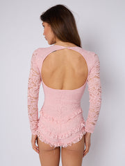 Lace Frill Detail Open Back Long Sleeve Playsuit