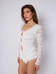 Lace Frill Detail Open Back Long Sleeve Playsuit