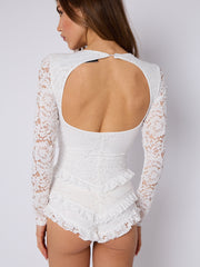 Lace Frill Detail Open Back Long Sleeve Playsuit