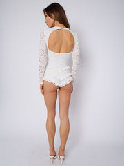 Lace Frill Detail Open Back Long Sleeve Playsuit