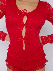 Lace Frill Detail Open Back Long Sleeve Playsuit