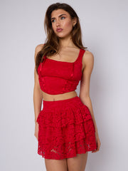 Lace Detail Slinky Crop Top & Frill Mini Skirt Co-ord