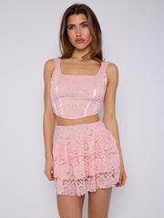 Lace Detail Slinky Crop Top & Frill Mini Skirt Co-ord