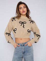 Bow Detail Oversized Cropped Knitted Jumper