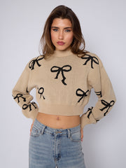 Bow Detail Oversized Cropped Knitted Jumper