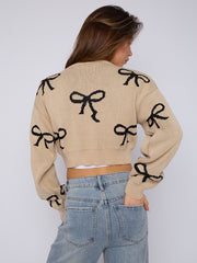 Bow Detail Oversized Cropped Knitted Jumper