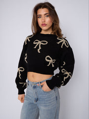 Bow Detail Oversized Cropped Knitted Jumper