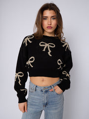 Bow Detail Oversized Cropped Knitted Jumper