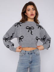 Bow Detail Oversized Cropped Knitted Jumper