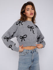Bow Detail Oversized Cropped Knitted Jumper