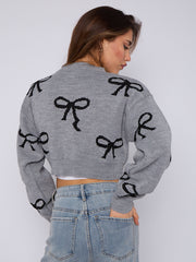 Bow Detail Oversized Cropped Knitted Jumper