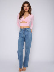 Diamante Studded Front Straight Leg Denim Jeans