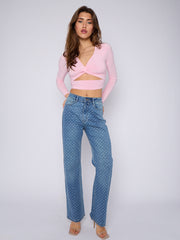 Diamante Studded Front Straight Leg Denim Jeans
