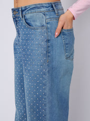 Diamante Studded Front Straight Leg Denim Jeans