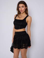 Lace Detail Slinky Crop Top & Frill Mini Skirt Co-ord