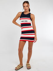 Ribbed Knitted Stripe Racer Neck Bodycon Dress