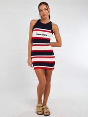 Ribbed Knitted Stripe Racer Neck Bodycon Dress