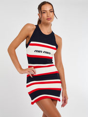 Ribbed Knitted Stripe Racer Neck Bodycon Dress