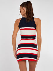 Ribbed Knitted Stripe Racer Neck Bodycon Dress