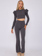 Frill Shoulder Ribbed Crop Top & Wide Leg Trouser Co-ord