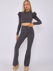 Frill Shoulder Ribbed Crop Top & Wide Leg Trouser Co-ord