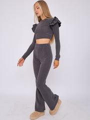 Frill Shoulder Ribbed Crop Top & Wide Leg Trouser Co-ord