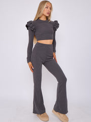 Frill Shoulder Ribbed Crop Top & Wide Leg Trouser Co-ord