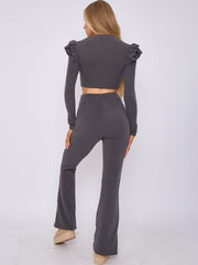 Frill Shoulder Ribbed Crop Top & Wide Leg Trouser Co-ord