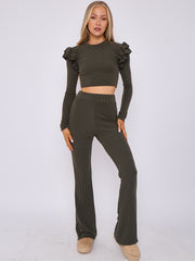 Frill Shoulder Ribbed Crop Top & Wide Leg Trouser Co-ord