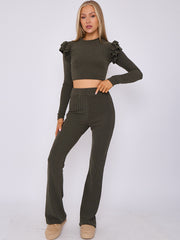 Frill Shoulder Ribbed Crop Top & Wide Leg Trouser Co-ord